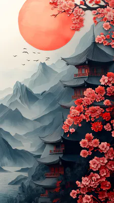 Сакура, Пагода, Японский храм, Горы, Красное солнце, Птицы, Цветущие деревья, Иллюстрация