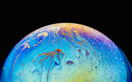 Мыльный пузырь, Абстрактный, Макро, Синие оттенки, Желтые оттенки, Текучие узоры, Мраморный, Amoled