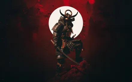 Катана, Броня, Белый круг, Красный фон, Япония, Силуэт, Мистика, Воин, Иллюстрация