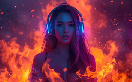 Headphones, Neon, Portrait, Flame, Digital Art, Music, Vivid Color
