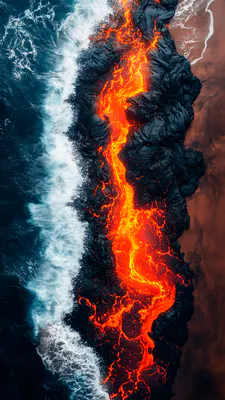 Вулкан, Берег, Черный песок, Магма, Аэросъемка, Контрастные цвета, Волны