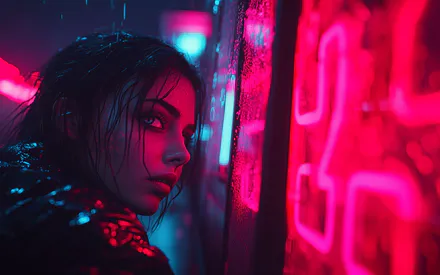 Портрет, Мокрые волосы, Вывеска, Дождь, Розово-голубой, Киберпанк, Ночной город, Эмоциональный