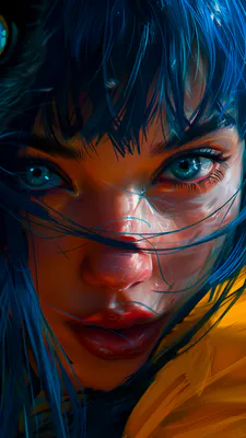 Portrait, Digital Art, Blue Hair, Vibrant Colors, Detailed Illustration, Eyes, Shiny Skin