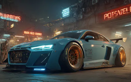Supercars, Tuning Car, Neon Signs, Cyberpunk, Street Scene, Understated, Gold Wheels