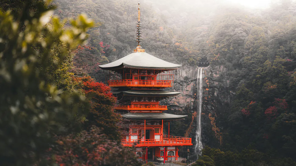 Обои на рабочий стол: Пагода и водопад