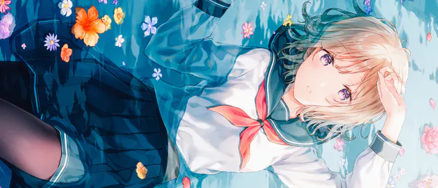 Аниме, Девушка, Сейлор-униформа, Цветы, Фиолетовые глаза, Пастельные цвета, Художественный стиль, Ultrawide