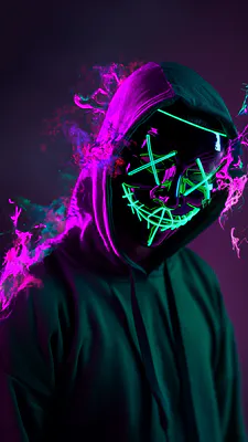 Неон, Светящийся, Капюшон, Дым, Киберпанк, Маска, Портрет, Цифровое искусство