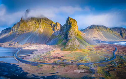 Горы, Скалы, Берег моря, Дорога, Туман, Море, Пейзаж, Светлое утро