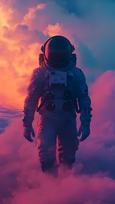 Астронавт, Скафандр, Шлем, Облака, Сюрреализм, Фиолетовые тона, Розовые оттенки
