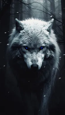 Хищник, Лесной пейзаж, Синие глаза, Мистика, Ночь, Снег, Реалистичная иллюстрация