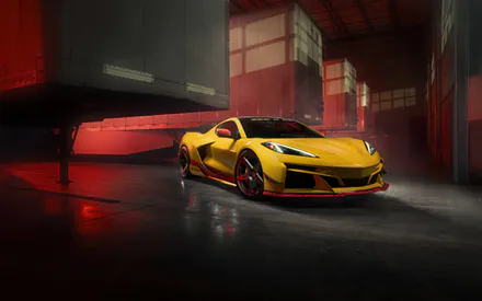 Chevrolet Corvette Z06, Суперкар, Спорткар, Желтый, Красный Акцент, Купе, Скорость, Вид спереди, Мощность