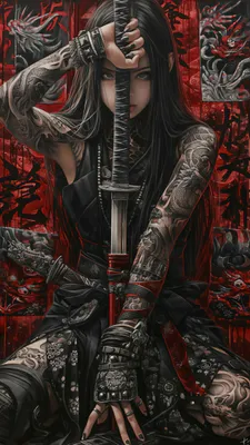 Girl, Anime Girl, Samurai, Tattoo, Katana
