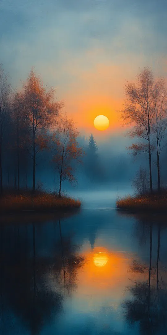 Phone wallpaper: Sunrise over a foggy lake