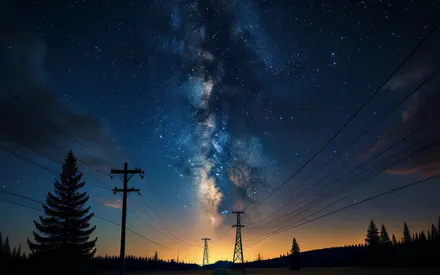 Ночь, Обои, Тёмное небо, Линии, Энергия, Космос, Звёздная ночь, Силуэты, Минимальный, Спокойная, Пейзаж, Атмосферный