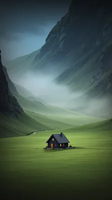 Green Grass, Fog, Mountain Landscape, Small House, Mystical Atmosphere, Distant Perspective, Calm, AI Art