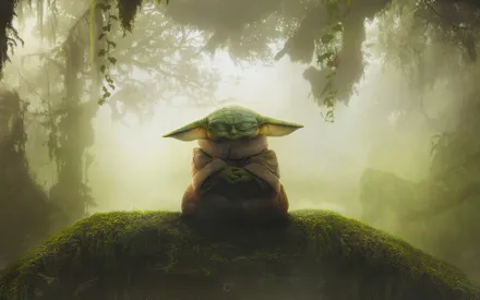 Grogu, Star Wars, The Mandalorian, Лес, Медитация, Фэнтези, Персонаж, Зеленый, AI Art