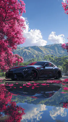 Спортивный автомобиль, Розовые деревья, Цветущие лепестки, Отражение в воде, Гористый пейзаж, Голубое небо, Зеркальная вода, AI Art
