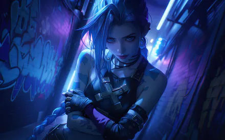 League of Legends, Arcane, Киберпанк, Неон, Граффити, Ночной, Коса, Татуировка, Панк