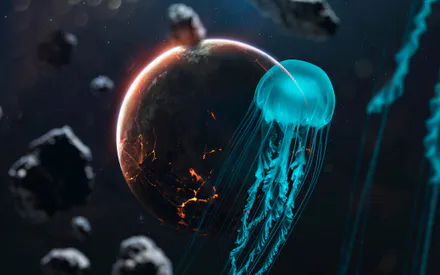 Planet, Asteroids, Bioluminescence, Neon Light, Surrealism, Deep Space, Lava Cracks, Amoled, AI Art