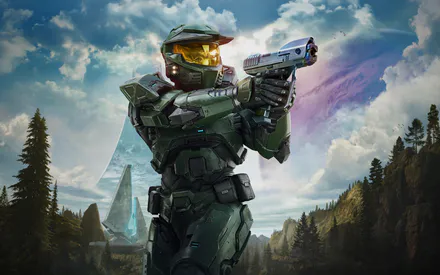 Halo, Шлем, Оружие, Броня, Научная фантастика, Пейзаж, Лес