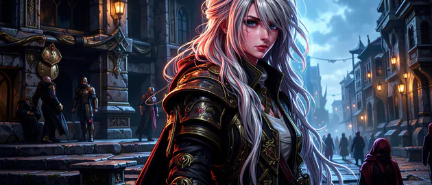 KyRyeZi, ИИ искусство, Девушка, Фэнтези арт, Темное фэнтези, Средневековье, Улица, Фонари, Сумерки, Высокое разрешение, Ультраширокие, Широкоформатные, Обои на пк