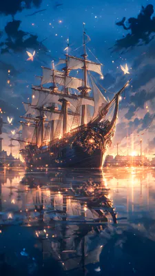 Fantasy, Sky, Sails, Stars, Sea, Clouds, Ship