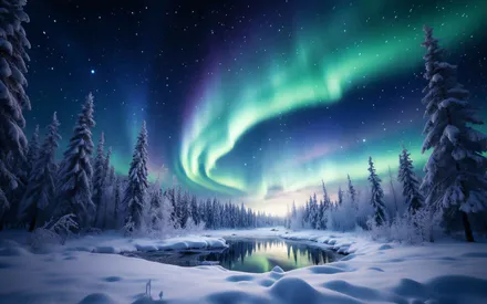 Северное сияние, Полярное сияние, Зима, Звёздная ночь, Снег, Холод, Небо, Мороз, Ночь