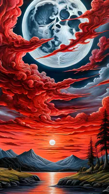Surrealism, Skull, Red Clouds, Lake, Mountains, Reflection, Night Landscape, AI Art