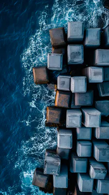 Shore, Surf, Ocean, Concrete Blocks, Splashes, Geometry, Drone Footage
