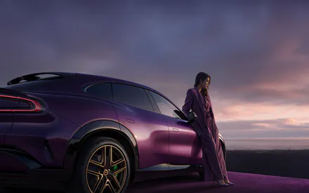 Purple, Woman, Sunset, Sea, Luxury, Wheels, Fashion, Render, AI Art