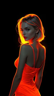 Portrait, Woman, Light Contour, Black Background, Evening Dress, Red Dress, Elegance, Amoled, AI Art