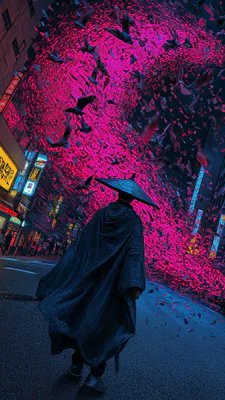Silhouette, Cyberpunk, Night Street, Pink Glow, Flock, Neon Signs, Cityscape, AI Art