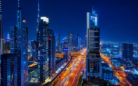 Dubai, Burj Khalifa, Небоскребы, Ночные огни, Городской пейзаж, Панорама, Магистраль, Архитектура