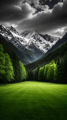 Snow, Forest Massif, Clouds, Pine Trees, Green Grass, Peaks, Dramatic Sky