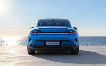Electric Car, Blue, Rear View, Coupe, LED Lights, Coastal Landscape, Glossy Paint