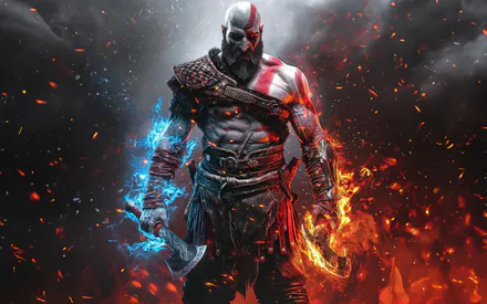 Кратос, God of War, God of War Ragnarok, Бог войны, Видеоигра, Playstation, Спартанец, Воин, Топор левиафан, Клинки хаоса, Огонь, Пламя, Лед, Мороз, Искры, Пепел, Дым, Ярость, Битва, Брутальный, Борода, Татуировка