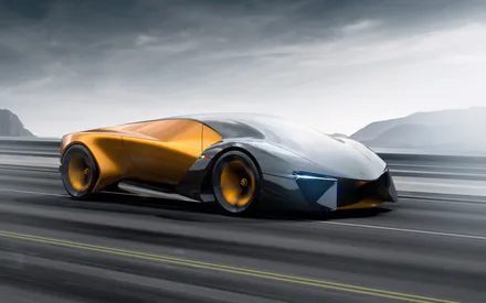Lamborghini Belador, Концепт, Концепт-кар, Суперкар, Гиперкар, Спортивный автомобиль, Спорткар, Авто, Машина, Футуристичный дизайн, Роскошный автомобиль, Золотой, Серебристый, Двухцветный, Скорость, Дорога, Трасса, Движение, Асфальт, Облака, Небо, Горы, Ф