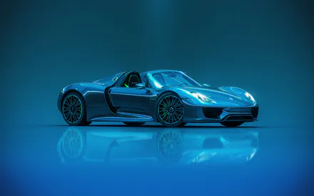 Porsche 918 Spyder, Суперкар, Гиперкар, Гибрид, Спорткар, Родстер, Кабриолет, Авто, Машина, Немецкий автомобиль, Синий, Голубой, Бирюзовый, Глянцевый, Отражение, Зеркальная поверхность, Студийный свет, Неоновое освещение, Фары, Колеса, Диски, Минимализм, 