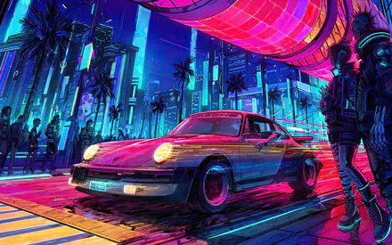 Retrouv, Neon, Digital Art, Night, City, Sports Car, Хмарочоси, Porsche GT2 RS