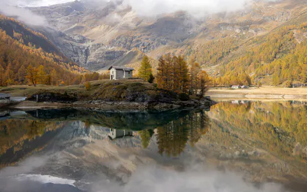 Пейзаж, Озеро, Горы, Природа, Отражение, Хижина, Горный пейзаж, Золотая осень, Облака, Вода