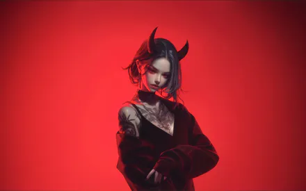 Anime, Anime Girl, Girl, Red Background, Horn, Demon, Devil, Tattoo, AI Art, AI Generated
