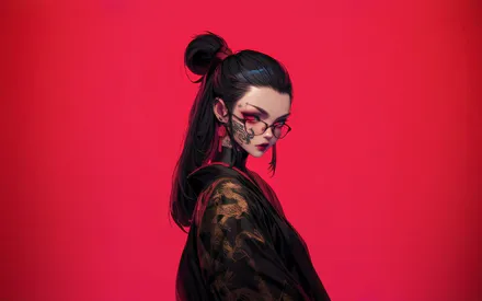 Red Background, AI Art, AI Generated, Girl, Anime, Anime Girl, Kimono, Tattoo