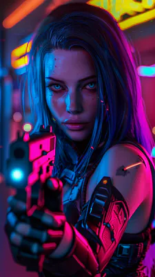 Girl, Cyberpunk, Gun, Weapon, Neon, Futurism, Blue, Pink, Night City, Art, Fiction, Operative
