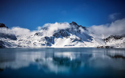 Отражение, Пейзаж, Зима, Снег, Озеро, Небо, Скалы, Пик