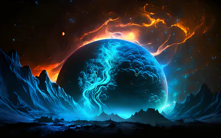 Искусство AI, Космос, Цифровая живопись, Фэнтези, Туманность, Неон, Футуристический, Горы