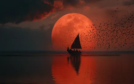 Горизонт, Красная луна, Парусник, Стая птиц, Небо, Отражение