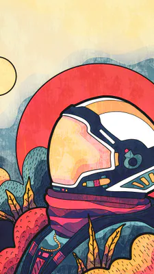 Астронавт, Шолом, Космос, Арт, Ілюстрація, Графіка, Ретро, Сонце, Яскравий, Текстура, Фантастика, Планета