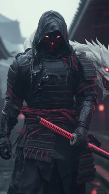 Masked Warrior, Katana, Samurai Armor, Red Eyes, Mythical Beast, Rainy Atmosphere, Cyber Gothic, Neo Japan, AI Art