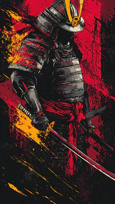 Japanese Armor, Katana, Helmet, Graphic Art, Black and Red, Gold Accents, Gloomy Atmosphere