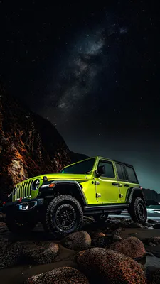 Внедорожник, Зеленый, Звездное небо, Молочный путь, Берег, Камни, Amoled
